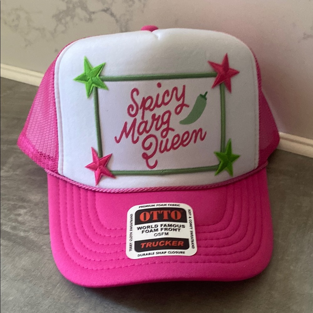 Pink and White Marg Trucker Hat with Green/Pink Stars